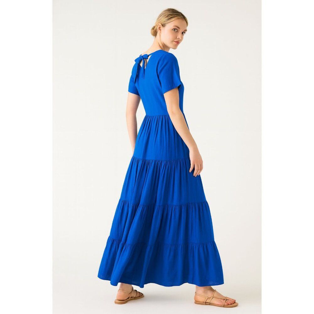 Mister Zimi Blue Linen Blend Short Sleeve Tiered Midi Dress Size US 2/4
